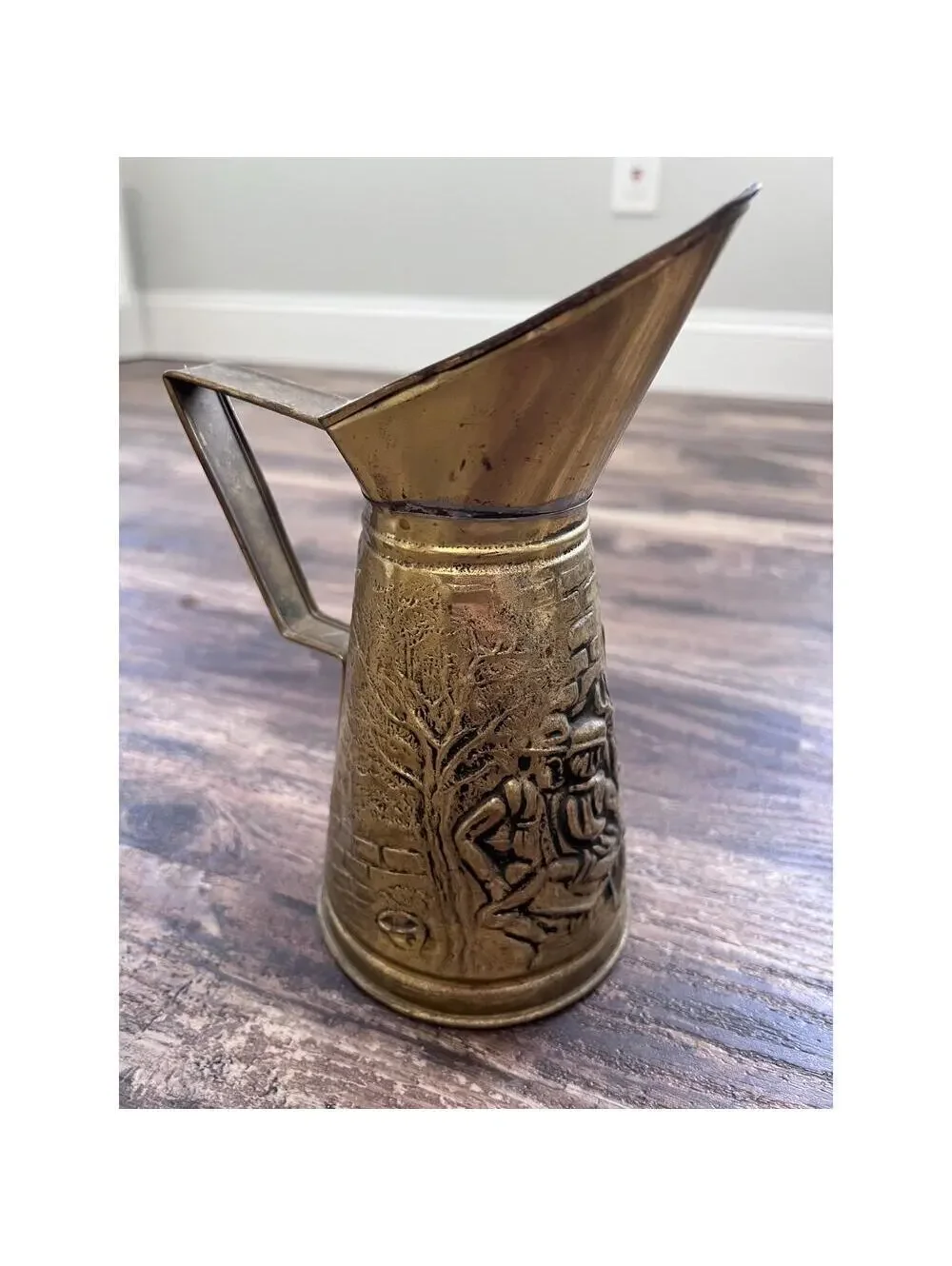 Vintage Made in England Brass-Tone Embossed Pitcher | English Pub Scene Jug